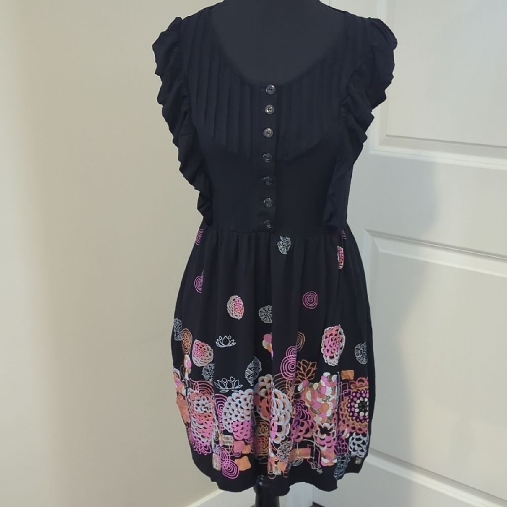 COLLCI |Black and Pink Flutter Sleeve Mini Dress, Floral Print, Buttons, Medium